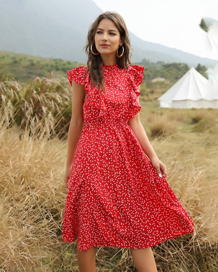 Letnia sukienka midi z falbankami w drobne wzory