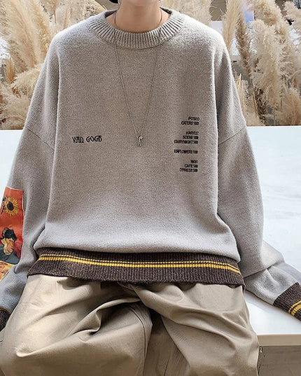 Męski sweter z dekoltem w łódkę i nadrukiem obrazów Van Gogha