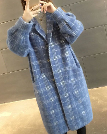 Damski płaszcz w kratę oversize z kieszeniami