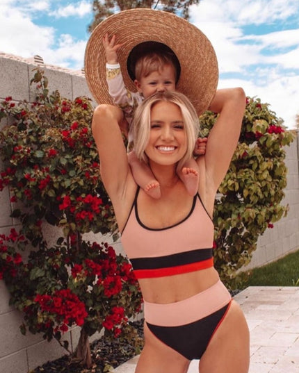 Damski dwuczęściowy strój kąpielowy bikini z wysokim stanem w paski