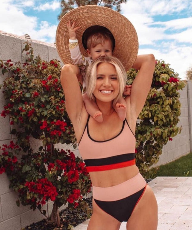 Damski dwuczęściowy strój kąpielowy bikini z wysokim stanem w paski