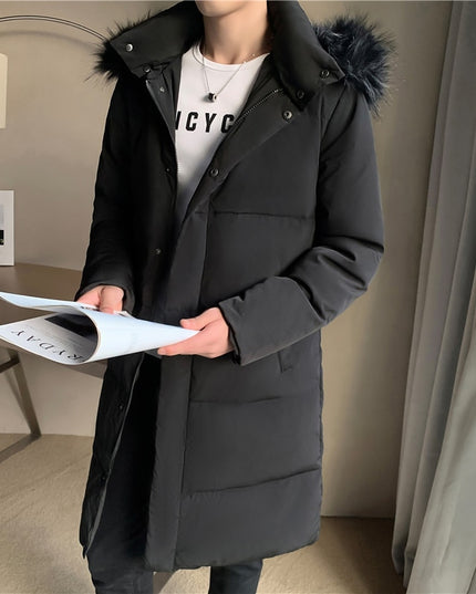 Męski płaszcz zimowy z futrzanym kapturem