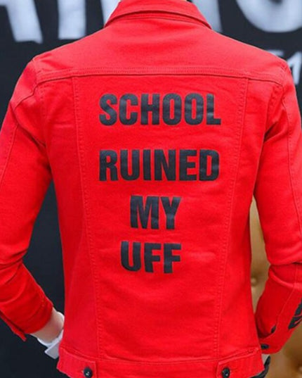 Męska kurtka jeansowa dopasowana z napisami