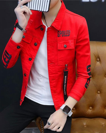 Męska kurtka jeansowa dopasowana z napisami