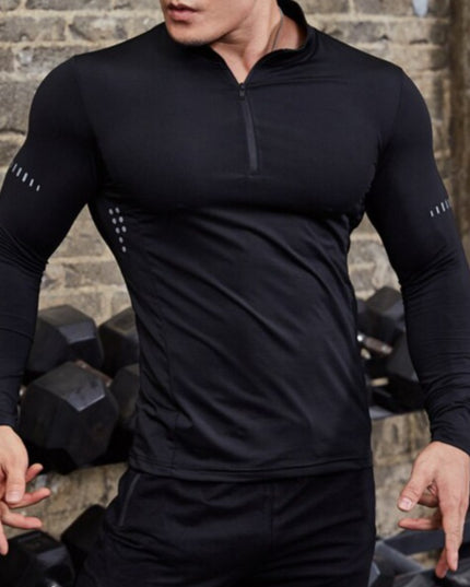 Męska koszulka z długim rękawem sportowa dopasowana z półgolfem