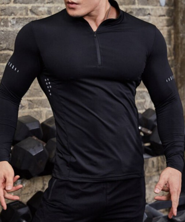 Męska koszulka z długim rękawem sportowa dopasowana z półgolfem