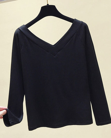 Damska koszulka z długim rękawem z dekoltem w serek z prążkowanego materiału