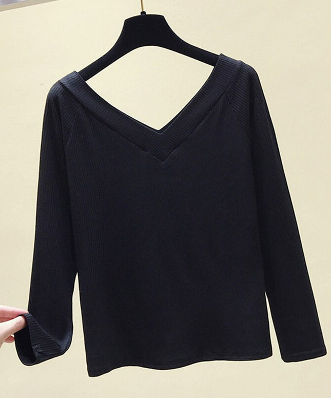 Damska koszulka z długim rękawem z dekoltem w serek z prążkowanego materiału