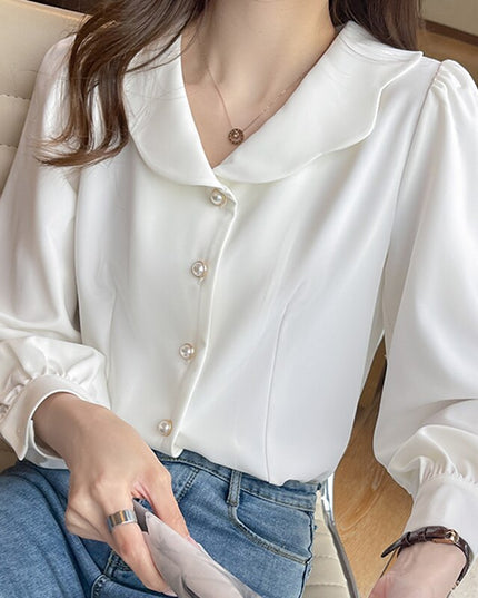 Damska koszula z ozdobnym kołnierzykiem i guzikami z imitacją pereł