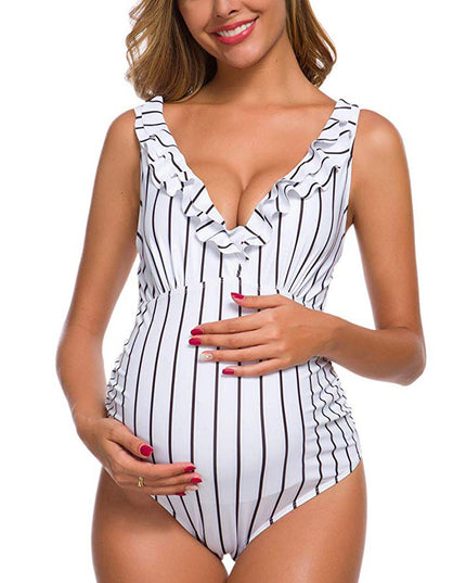 Jednoczęściowy strój kąpielowy dla kobiet w ciąży z głębszym dekoltem w paski