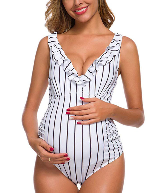 Jednoczęściowy strój kąpielowy dla kobiet w ciąży z głębszym dekoltem w paski