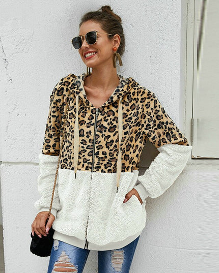 Damska bluza polarowa rozpinana z kapturem w panterkę