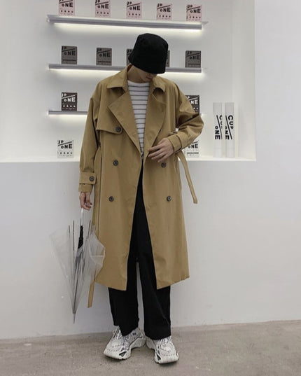 Męski długi płaszcz o kroju trencza