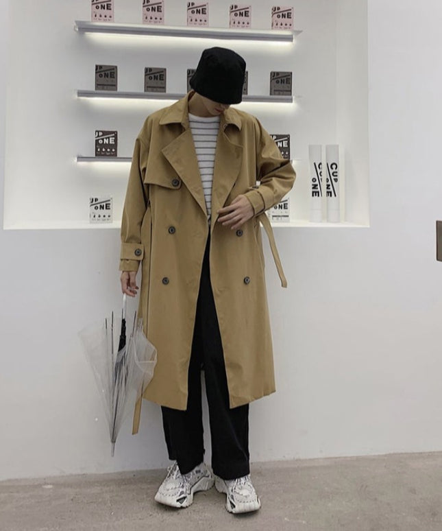 Męski długi płaszcz o kroju trencza