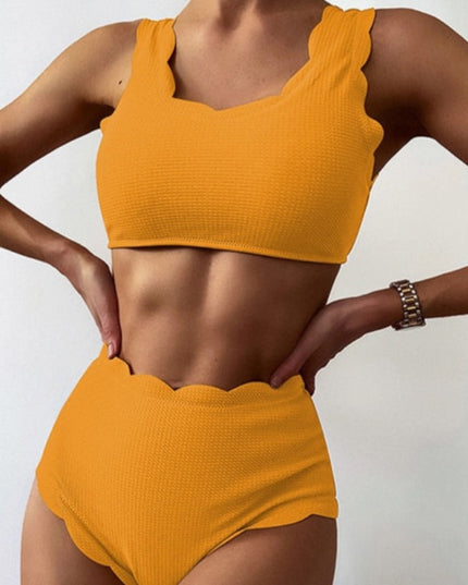 Damski dwuczęściowy strój kąpielowy bikini z wysokim stanem i falowanym wykończeniem