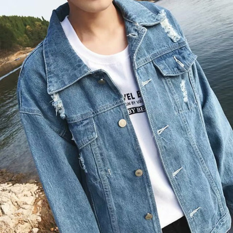 Męska kurtka jeansowa oversize z przetarciami