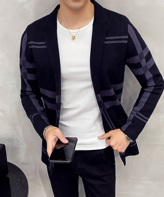 Męski sweter typu kardigan w ozdobną kratę