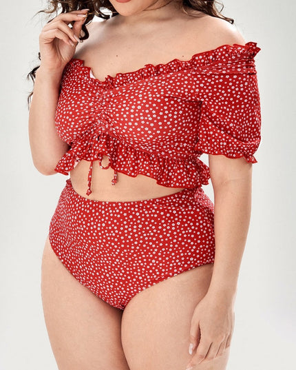 Damski dwuczęściowy strój kąpielowy bikini plus size w kwiatuszki z falbanką