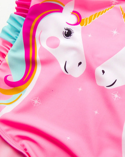 Jednoczęściowy strój kąpielowy dla dziewczynki z jednorożcem z falbankami