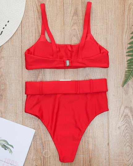 Damski dwuczęściowy strój kąpielowy bikini z wysokim stanem i paskiem