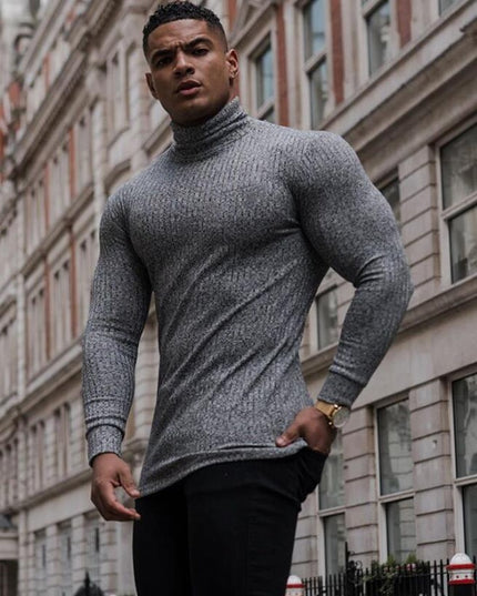 Męski sweter prążkowany typu golf o dopasowanym kroju