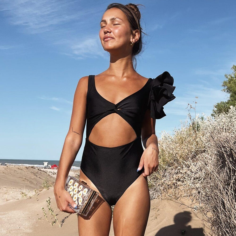 Damski jednoczęściowy strój kąpielowy monokini z falbanką i wysokim stanem