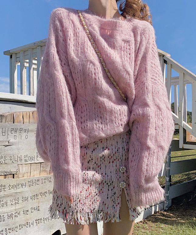 Damski sweter dziergany oversize z bufiastymi rękawami