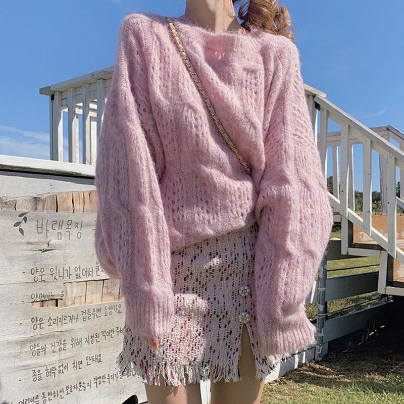 Damski sweter dziergany oversize z bufiastymi rękawami