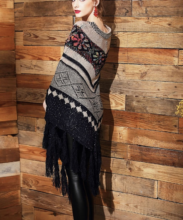 Damski sweter dziergany wzorzysty typu ponczo