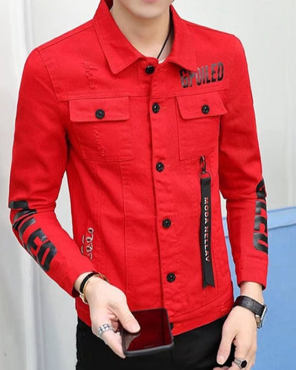 Męska kurtka jeansowa dopasowana z napisami