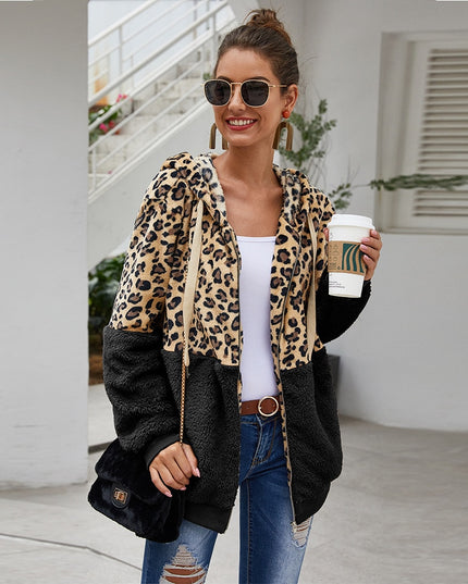 Damska bluza polarowa rozpinana z kapturem w panterkę