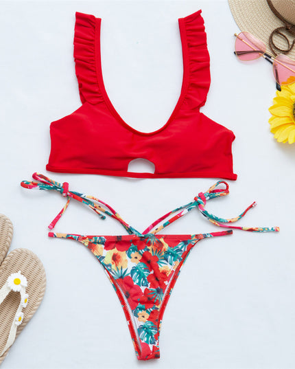 Damski dwuczęściowy strój kąpielowy bikini z ozdobnymi falbankami