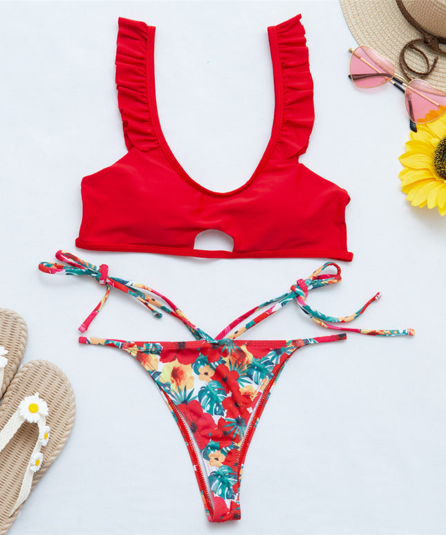 Damski dwuczęściowy strój kąpielowy bikini z ozdobnymi falbankami