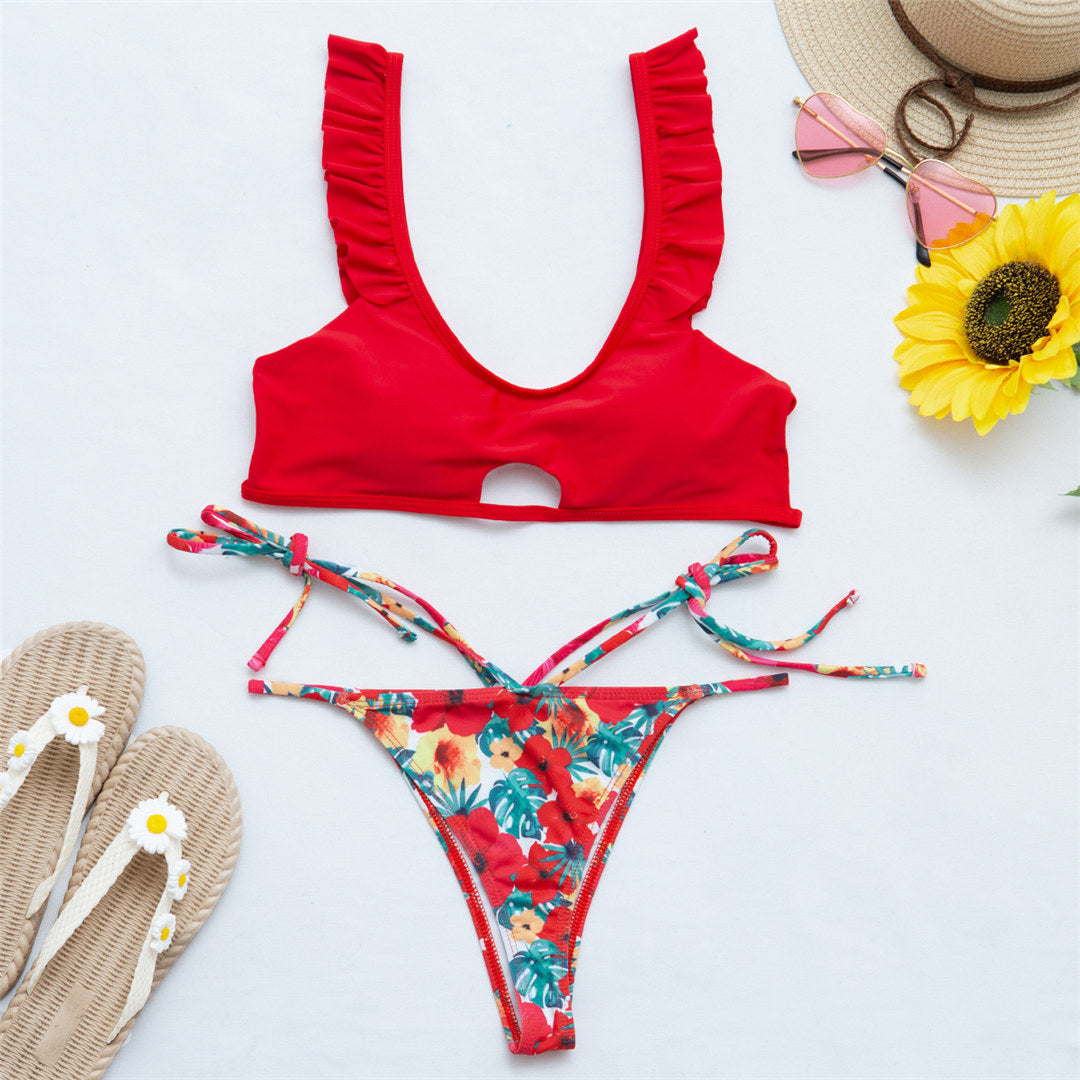 Damski dwuczęściowy strój kąpielowy bikini z ozdobnymi falbankami