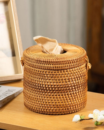 Pudełko na chusteczki okrągłe rattanowe z pokrywą