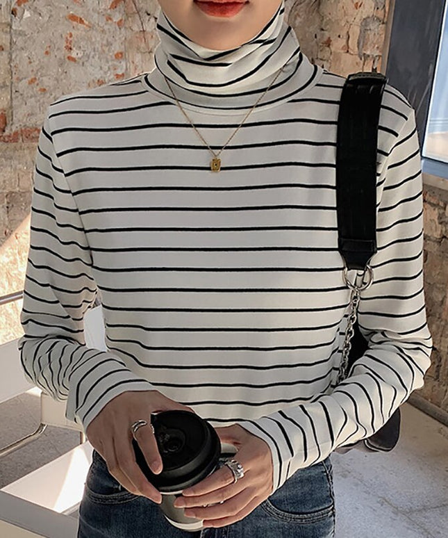 Damska koszulka z długim rękawem w paski z golfem