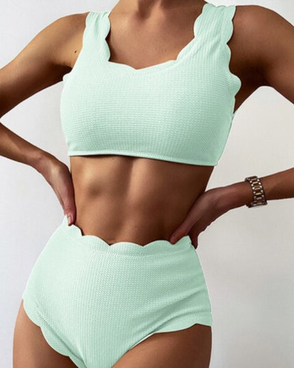 Damski dwuczęściowy strój kąpielowy bikini z wysokim stanem i falowanym wykończeniem