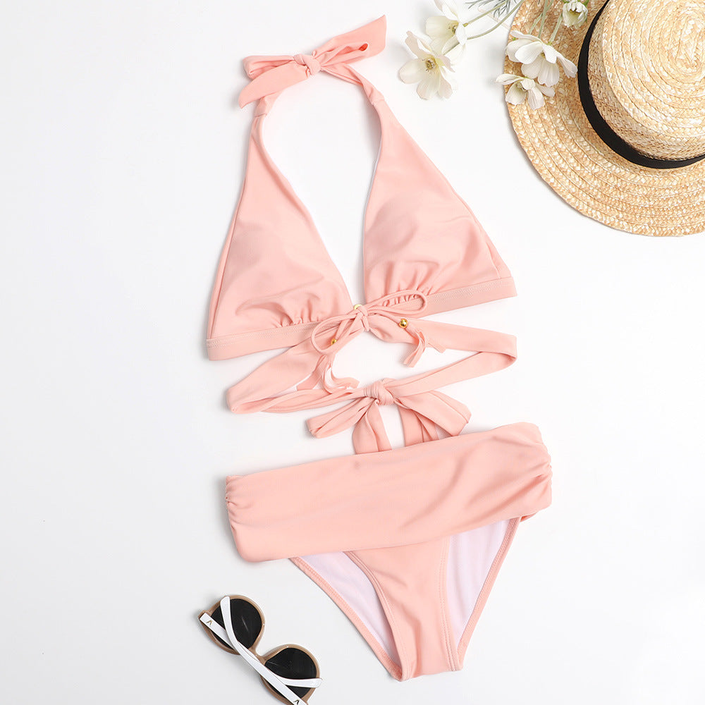 Damski dwuczęściowy strój kąpielowy bikini z wycięciami i frędzlami