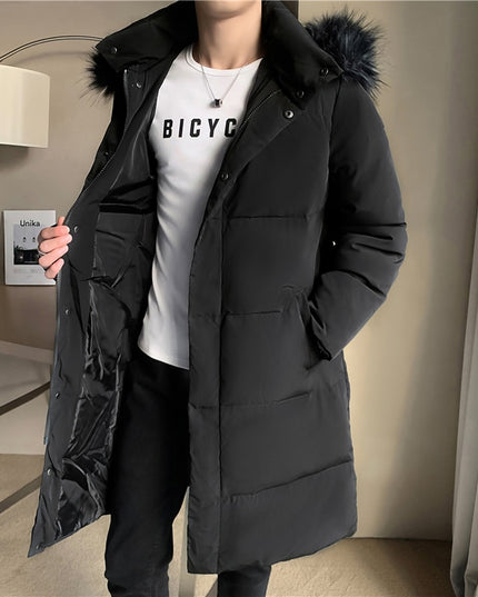 Męski płaszcz zimowy z futrzanym kapturem