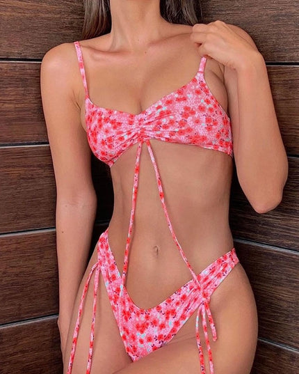 Damski dwuczęściowy strój kąpielowy bikini z marszczeniem i wiązaniami we wzory