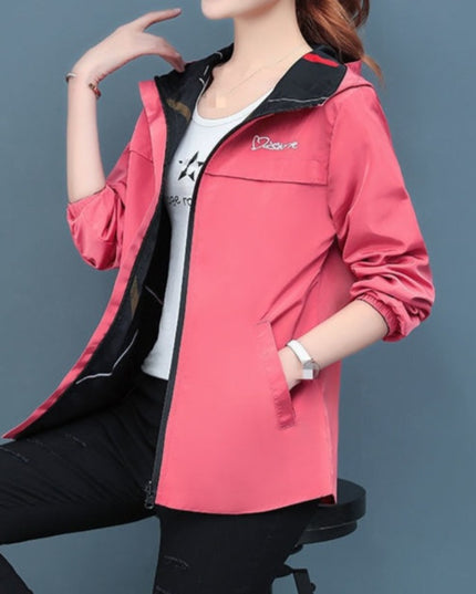 Damska kurtka przejściowa przeciwdeszczowa dwustronna z kapturem