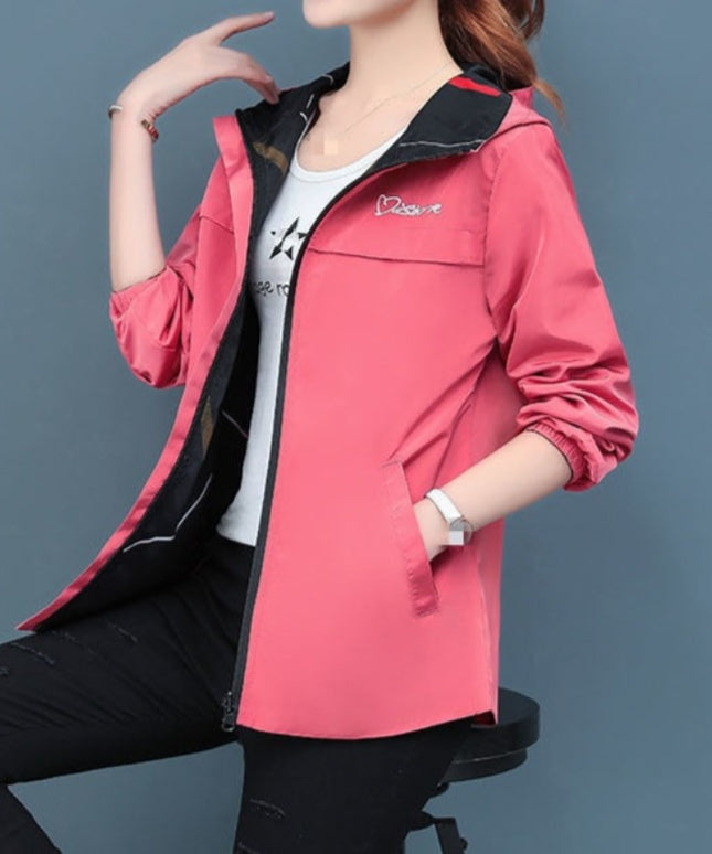 Damska kurtka przejściowa przeciwdeszczowa dwustronna z kapturem