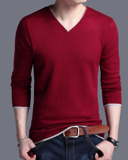 Męski sweter z dekoltem w serek wykończony lamówką