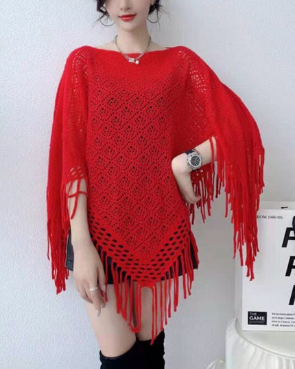 Damski sweter dziergany ażurowy typu ponczo