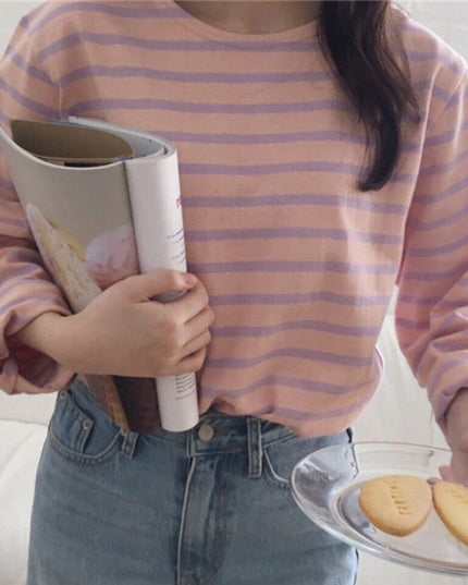 Damska koszulka oversize z długim rękawem w paski