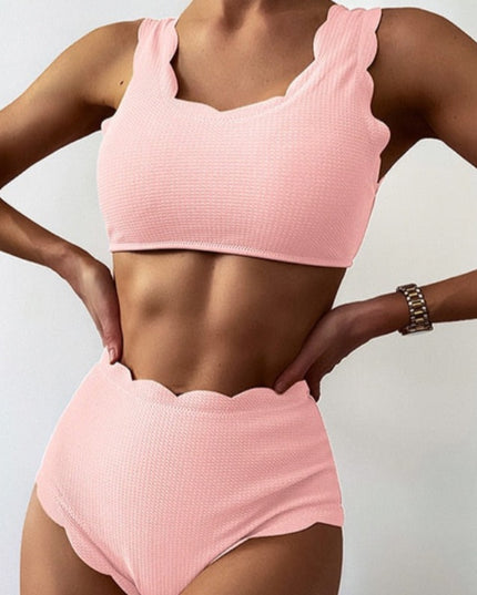 Damski dwuczęściowy strój kąpielowy bikini z wysokim stanem i falowanym wykończeniem