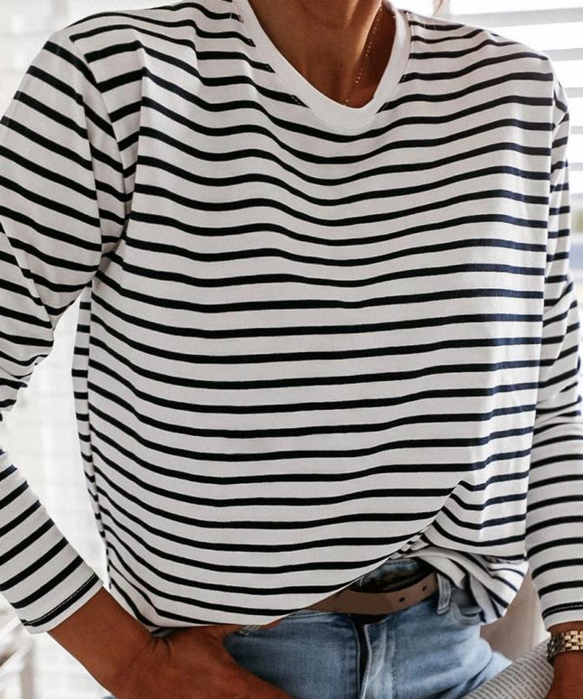 Damska koszulka z długim rękawem w paski o luźnym kroju