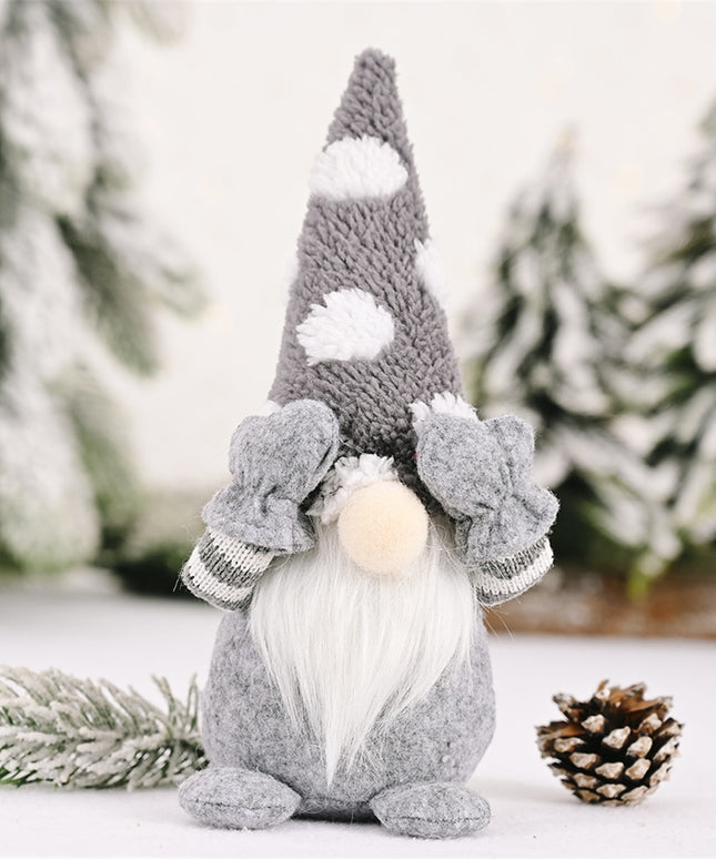 Świąteczny Bożonarodzeniowy skrzat krasnal szary z czapką w duże kropki