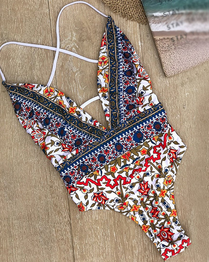 Damski jednoczęściowy strój kąpielowy monokini we wzory z głębokim wycięciem na plecach