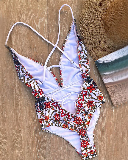 Damski jednoczęściowy strój kąpielowy monokini we wzory z głębokim wycięciem na plecach